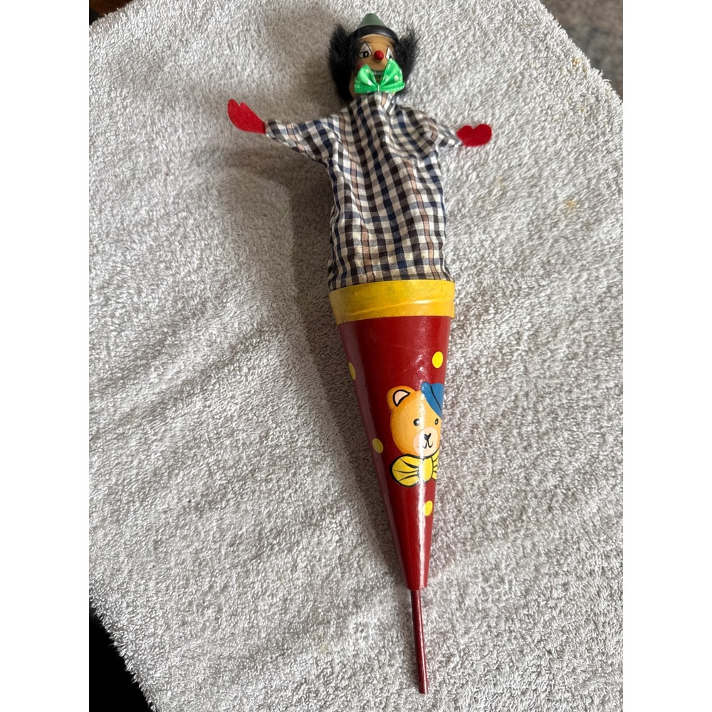 Vintage Wooden Pop Up Clown Puppet Toy Red Cone Bear Design 12 Inch